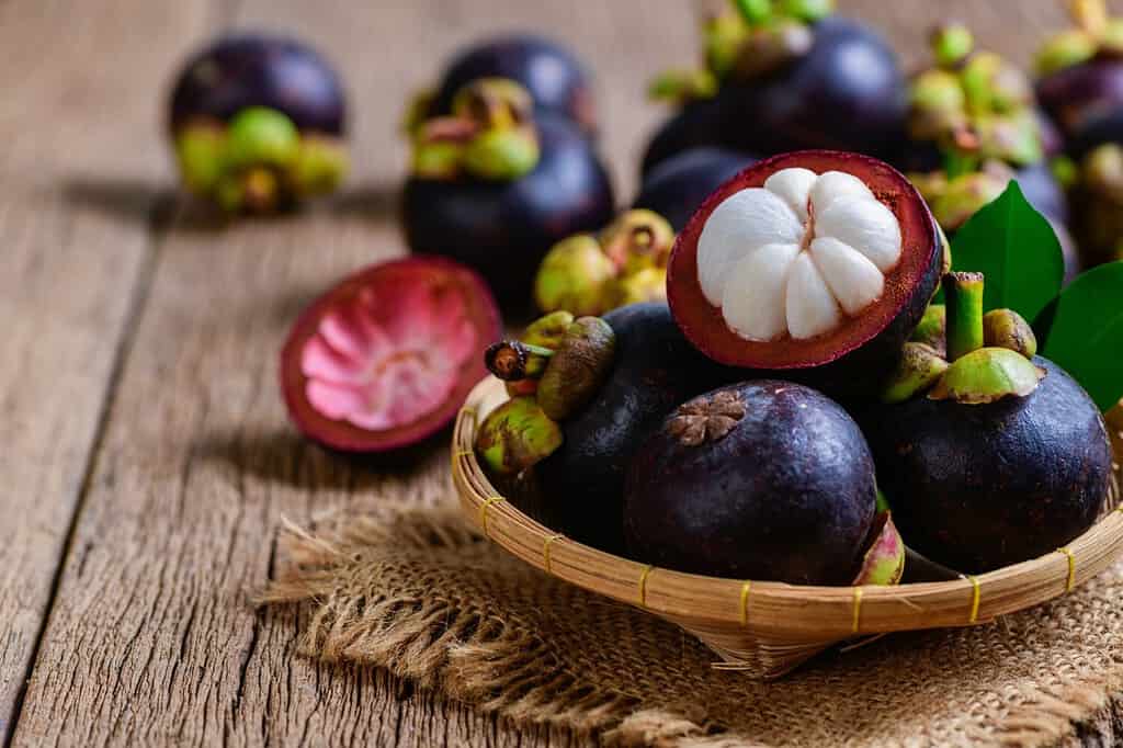 Fresh Mangosteen in bamboo basket and on old wood baclground. Mangosteen has been known as The Queen of Fruits, asia fruits concept