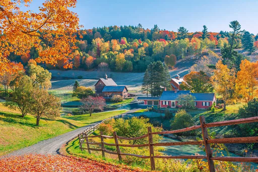 An early autumn foliage scene of houses in Woodstock, Vermont mountains