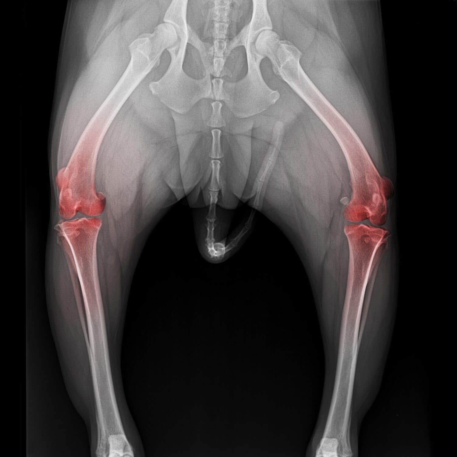 X-ray film pelvis to knee joint of dog anterior view with red highlight on knee joint pain area- veterinary medicine and veterinary anatomy concept- black and white color