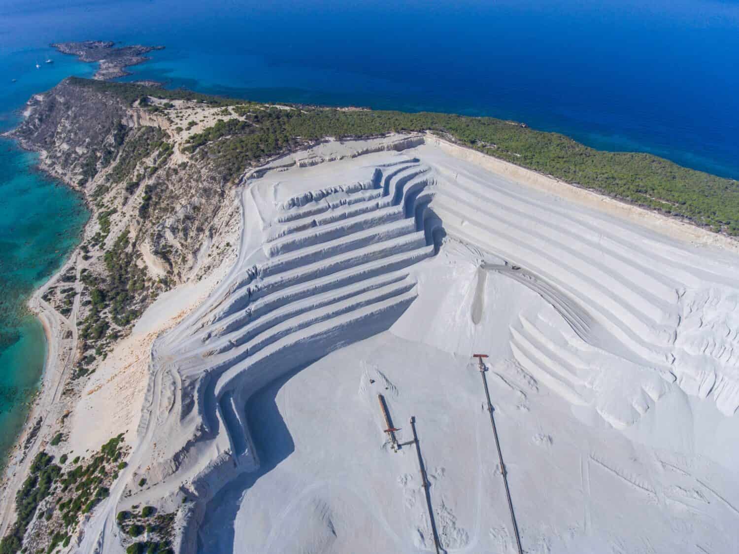 Aerial view of the terraces in the open quarry. Gyali Island in Greece.
