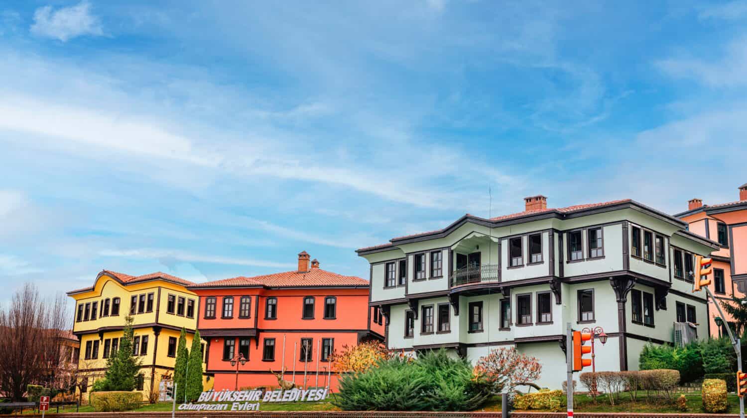 Colorful district houses view in city Eskisehir, Turkiye.The text in the image is: Metropolitan Municipality, Odunpazari Houses