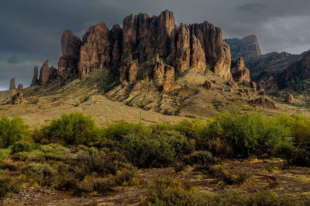 This is Superstition Mountain, standing more than 6200 feet in elevation, in the Superstition Mountain Wilderness of Arizona east of Phoenix. It's one of the most haunted places in Arizona.