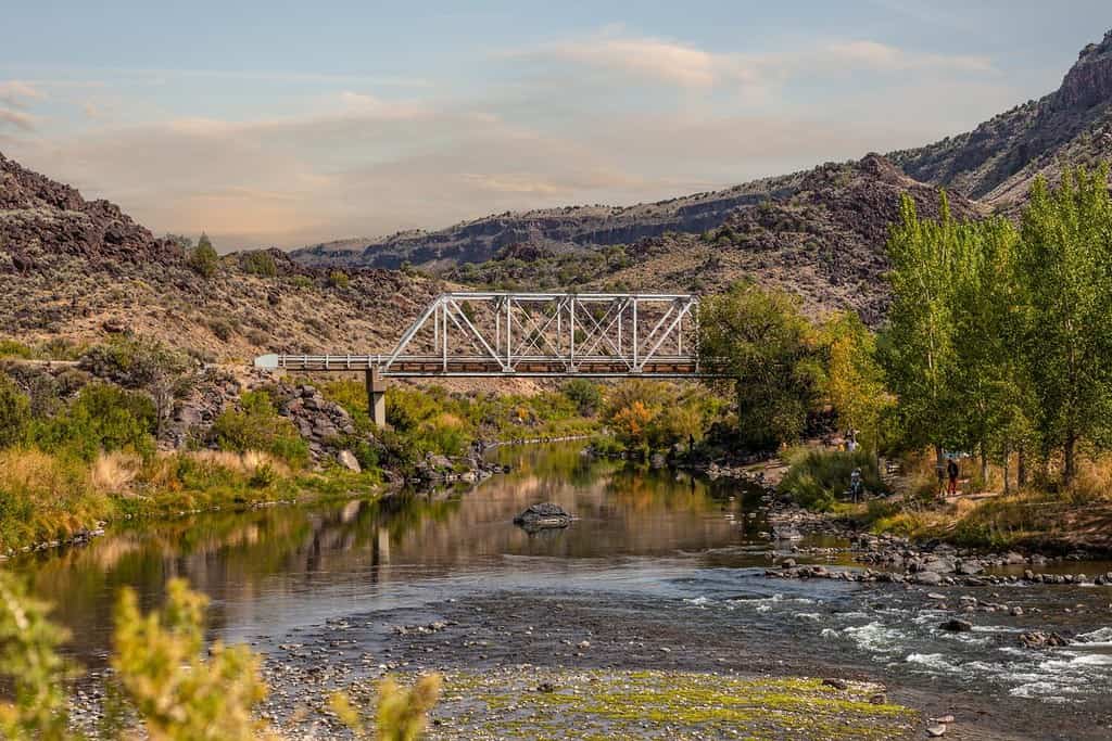 The area surrounding the Taos Junction Bridge in Pilar, Taos County, New Mexico is popular recreational spot for hiking, biking, swimming and fishing.