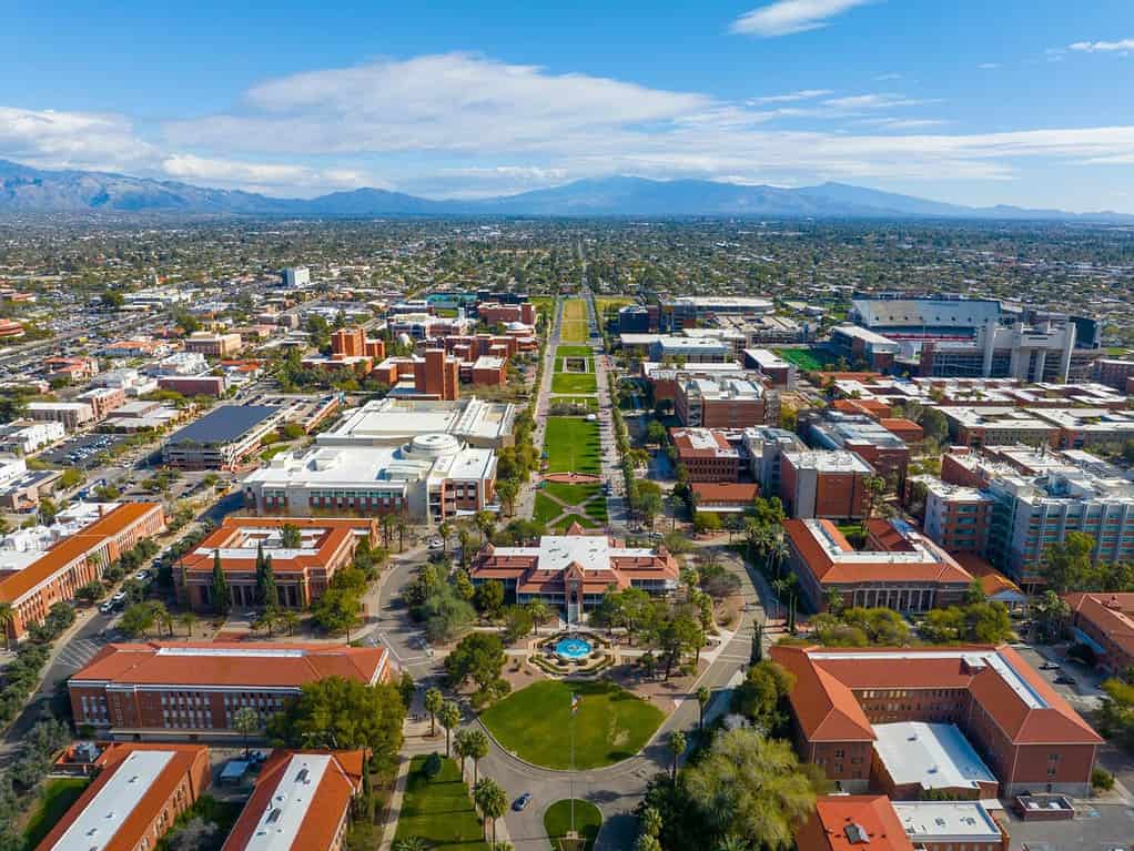 University of Arizona main campus aerial view including University Mall and Old Main Building in city of Tucson, Arizona AZ, USA.