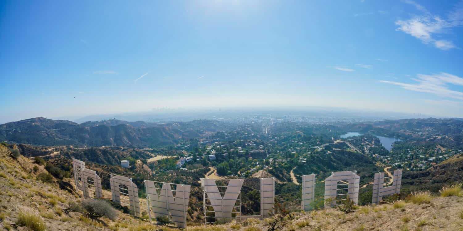 Aerial view of the Hollywood sign and cityscape at California