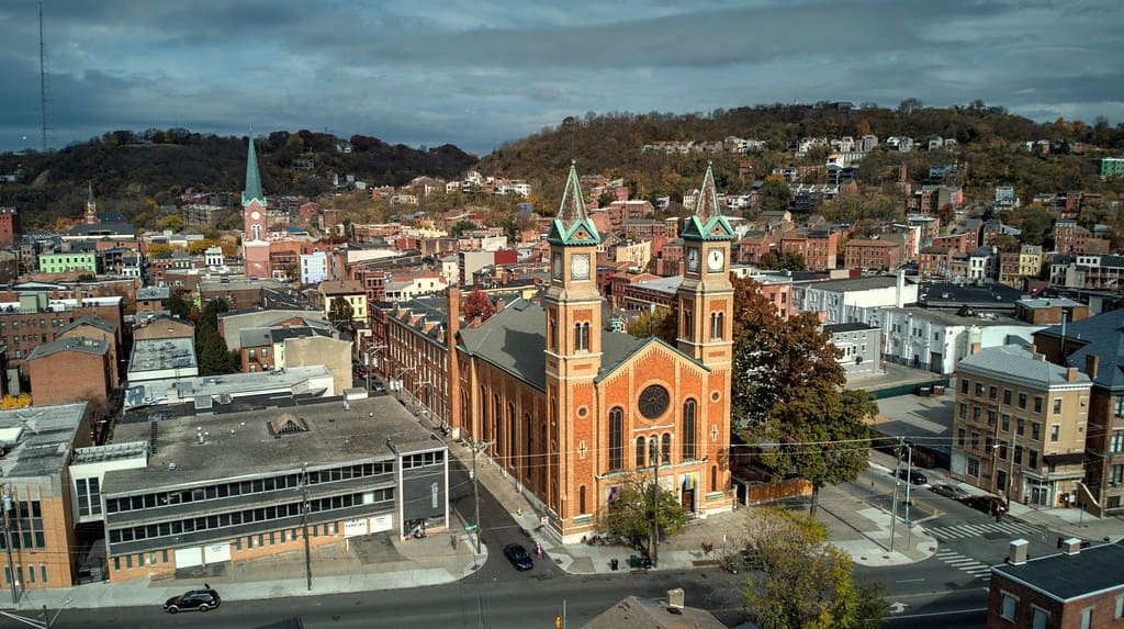 An aerial shot of the Saint Francis Seraph Church in Cincinnati, Ohio
