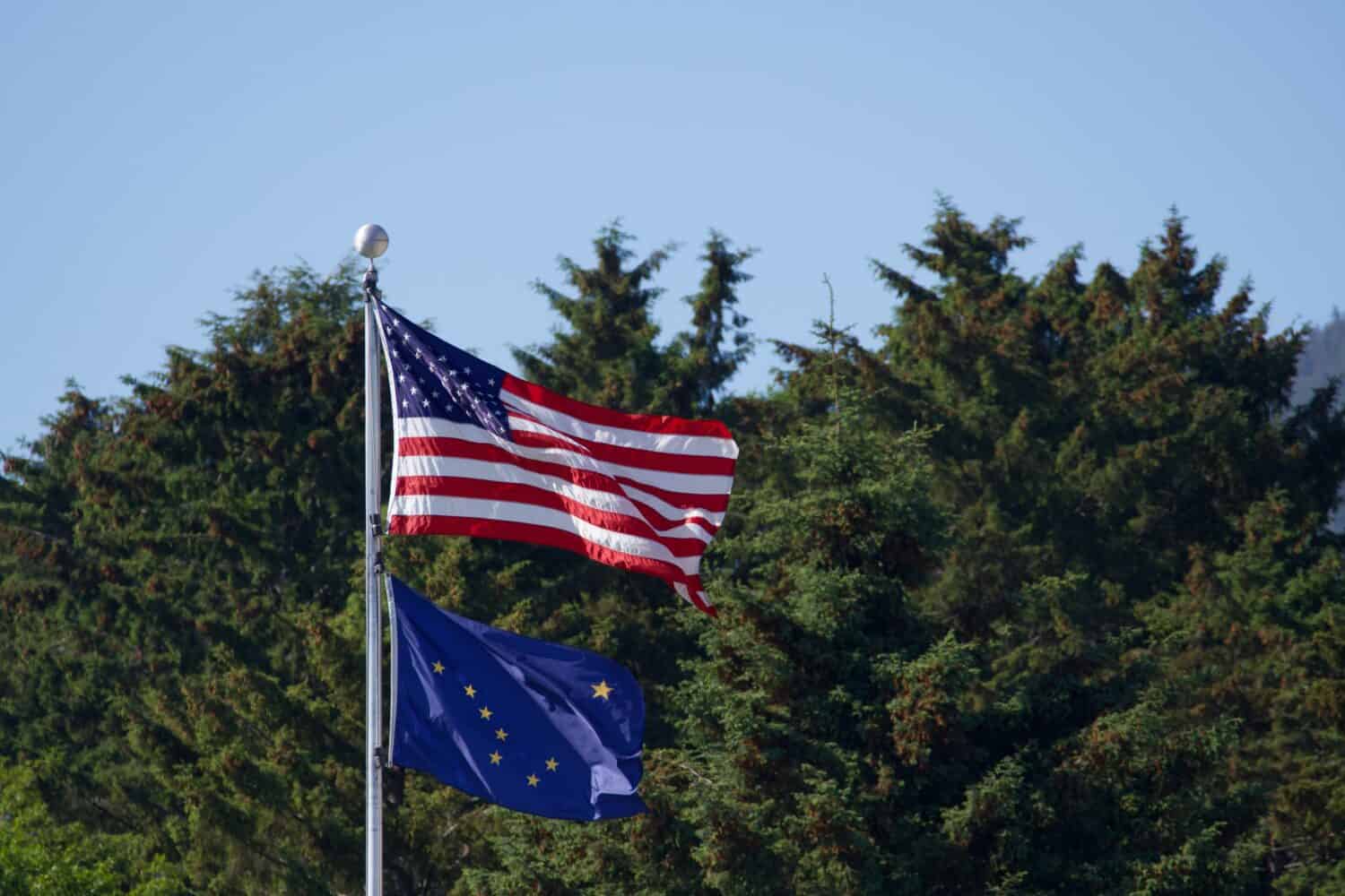 an American flag flies above an Alaska state flag on a sunny day with evergreen trees in the background