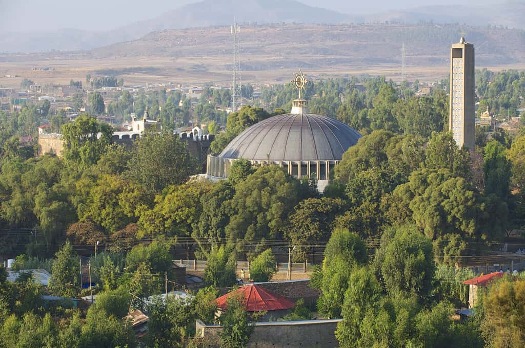 Dome and bell tower of the new St. Mary of Zion church in Aksum, Ethiopia.