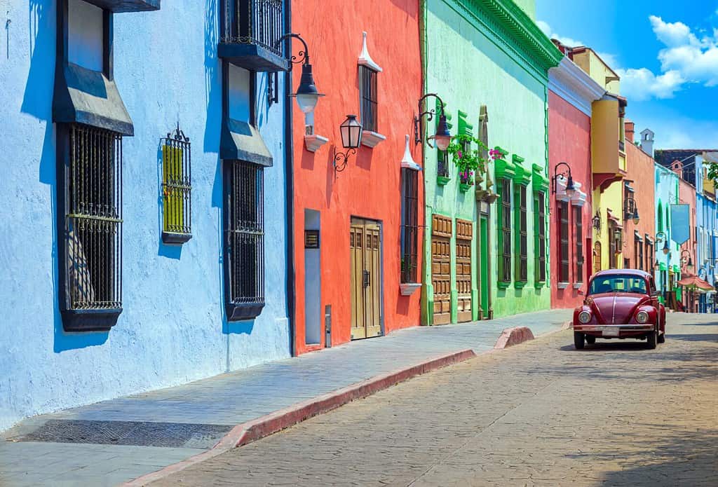 Scenic colorful colonial architecture of Cuernavaca streets in historic center in Mexico Morelos.