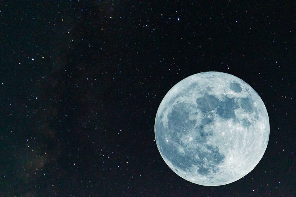 Super blue moon. Full moon. Second moon of the month of August. 2023. Bright night with a black background and bright stars where they accompany the satellite. Astrophotography. 28 october. Eclipse