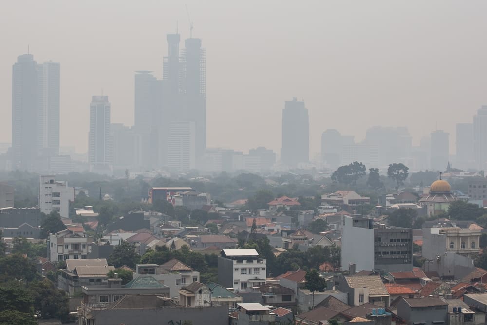 Jakarta, Indonesia - August 31, 2023: Air pollution in Jakarta, the capital city of Indonesia.