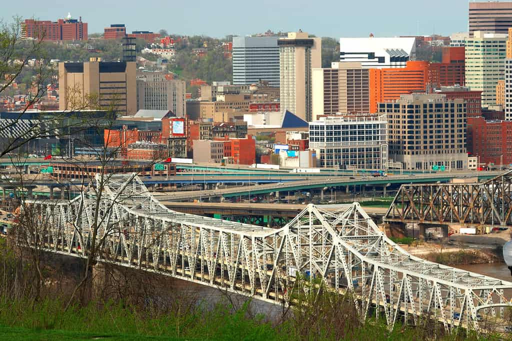 Aerial View Of Brent Spence Bridge, Cincinnati Ohio and the traffic snarled highways crossing the Ohio River from Kentucky to Ohio.