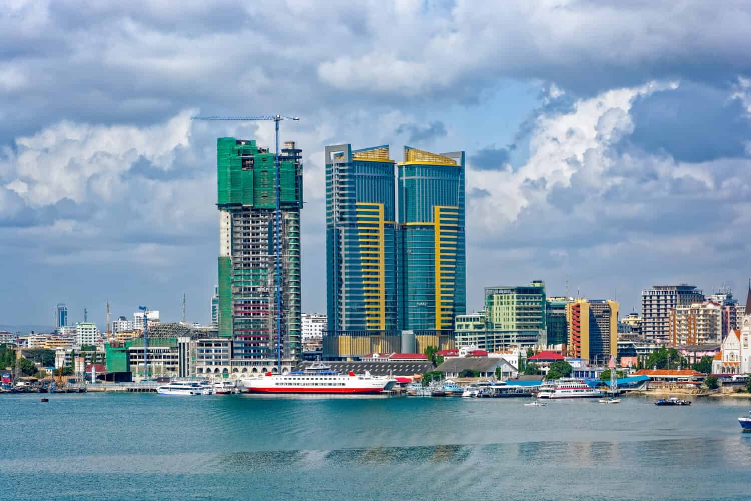 Panorama of Dar Es Salaam City Centre with waterfront and ships