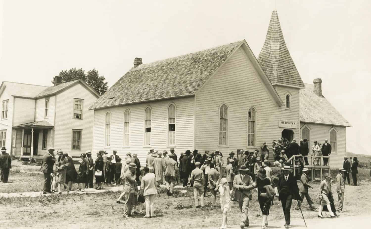 Congregational Church after Sunday service, Hermosa, South Dakota, in June 1927. President Calvin and Grace Coolidge spent a 3-month vacation at State Game Lodge in nearby Custer State Park. They atte