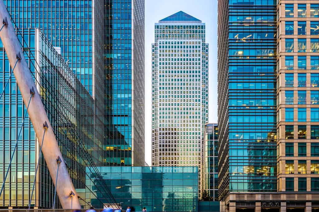 One Canada Square seen from South Quay Footbridge in Canary Wharf, London