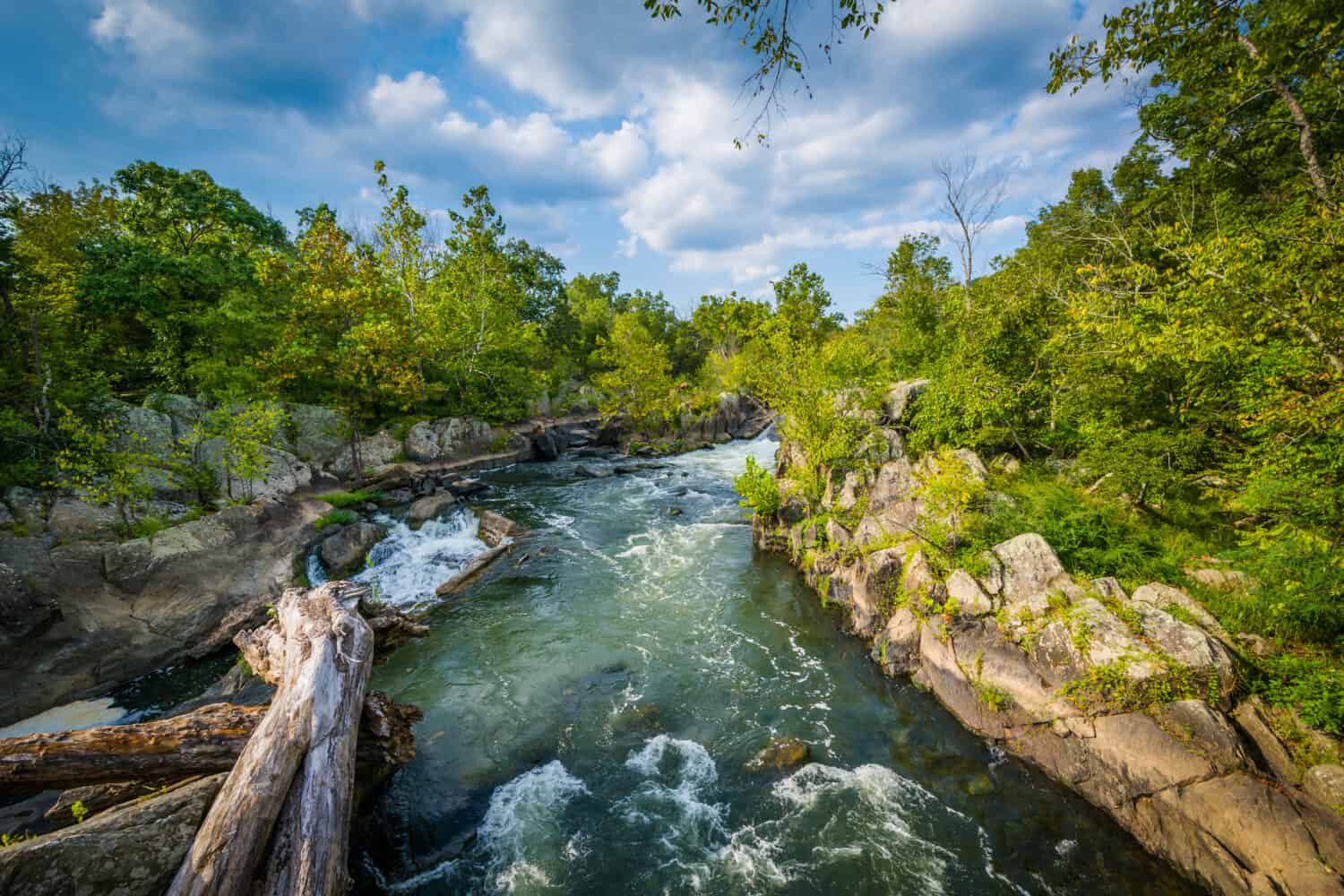 Rapids in the Potomac River at Great Falls, seen from Olmsted Island at Chesapeake & Ohio Canal National Historical Park, Maryland.