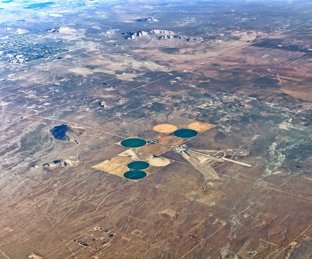 Aerial view of former secret military test site Gray Butte Radar Cross-Section at American west Antelope Valley Mojave desert in California United States of America detail exterior satellite landmark