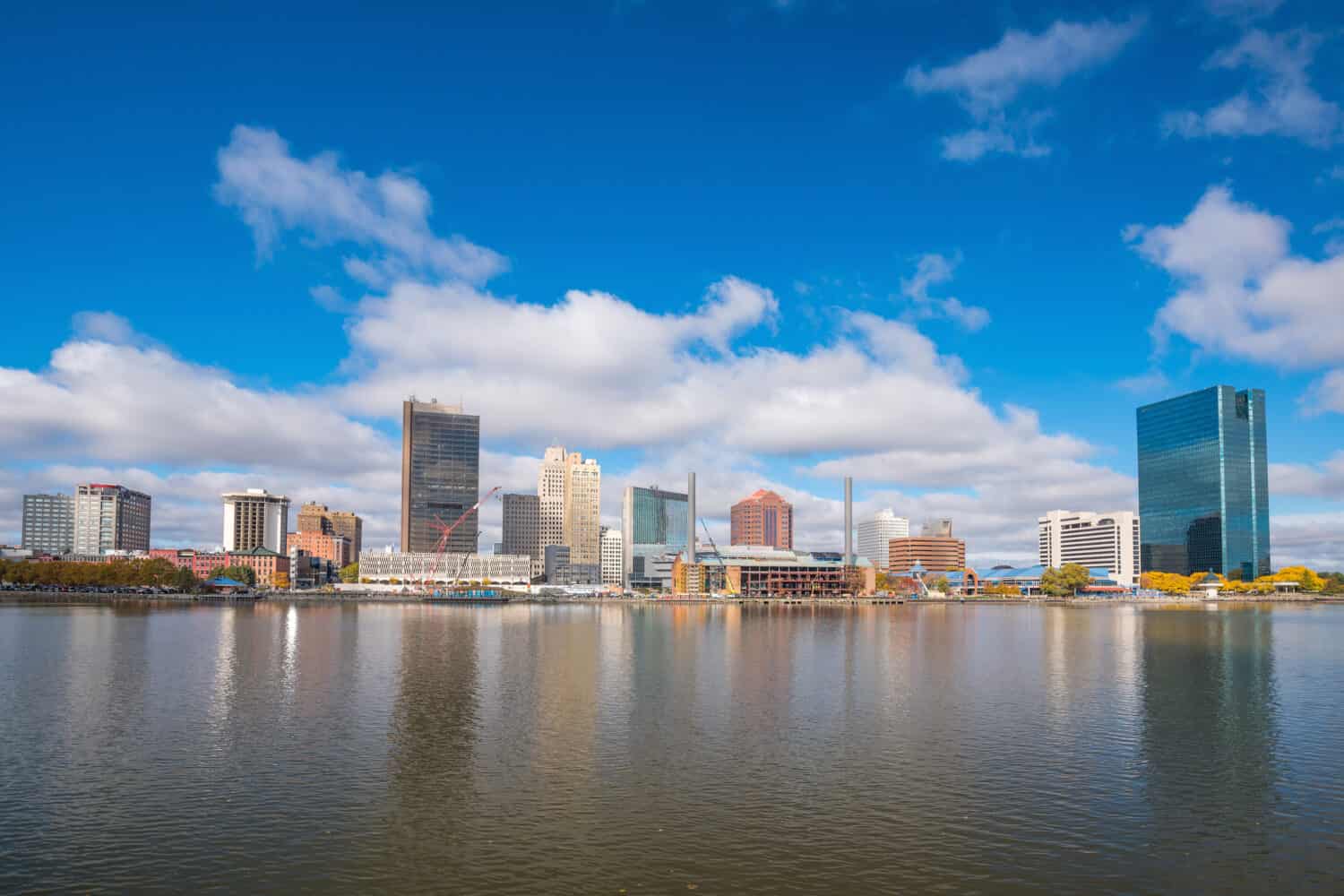 View of downtown Toledo skyline in Ohio, USA seen across Maumee River