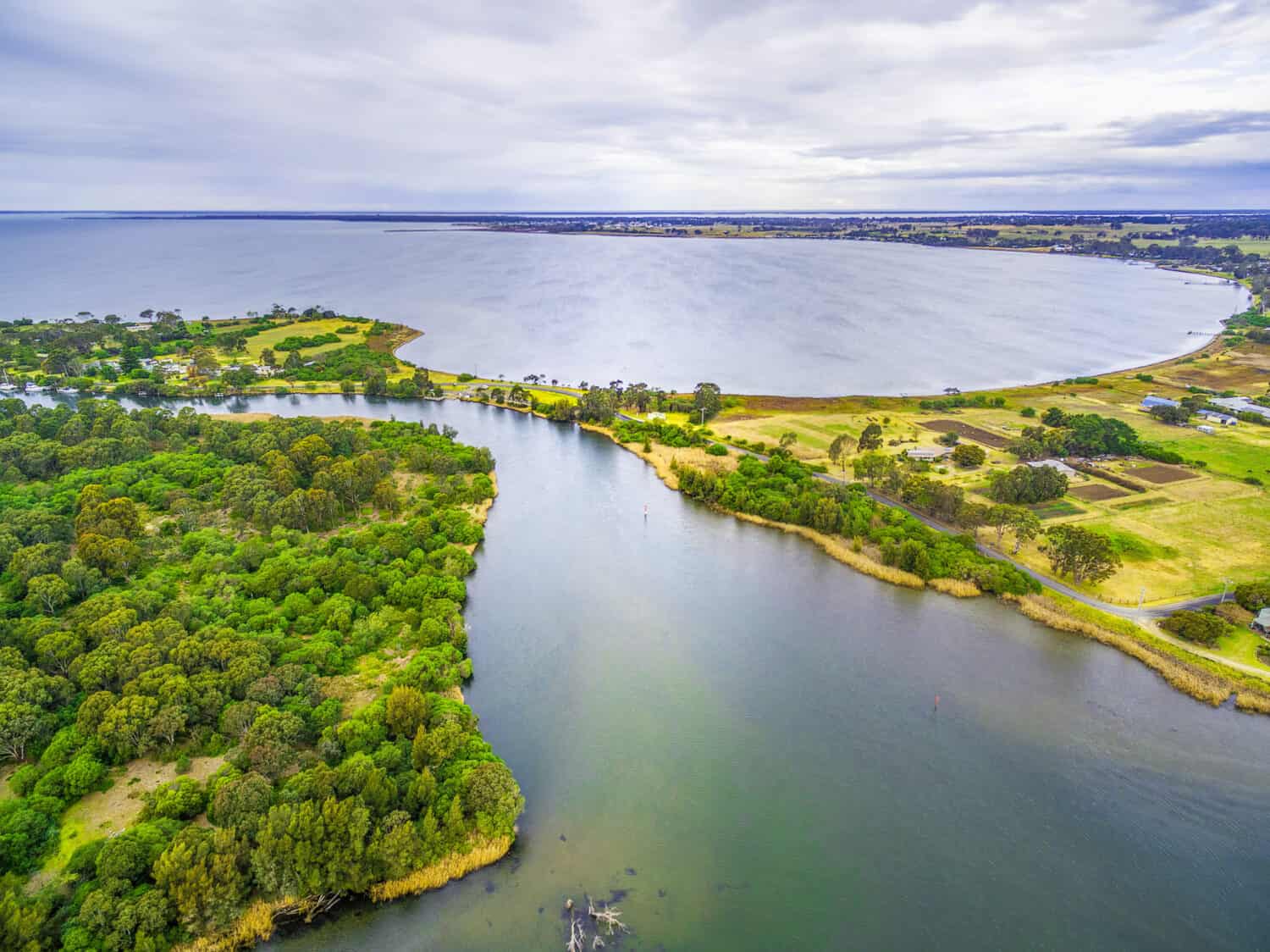 Aerial view of Jones Bay at Gippsland Lakes Reserve, Victoria, Australia. Typical Australian Landscape