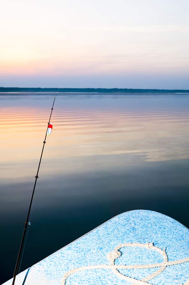 Tranquil scene of fishing rod against calm surface of Panasoffkee Lake at sunset, Florida, USA