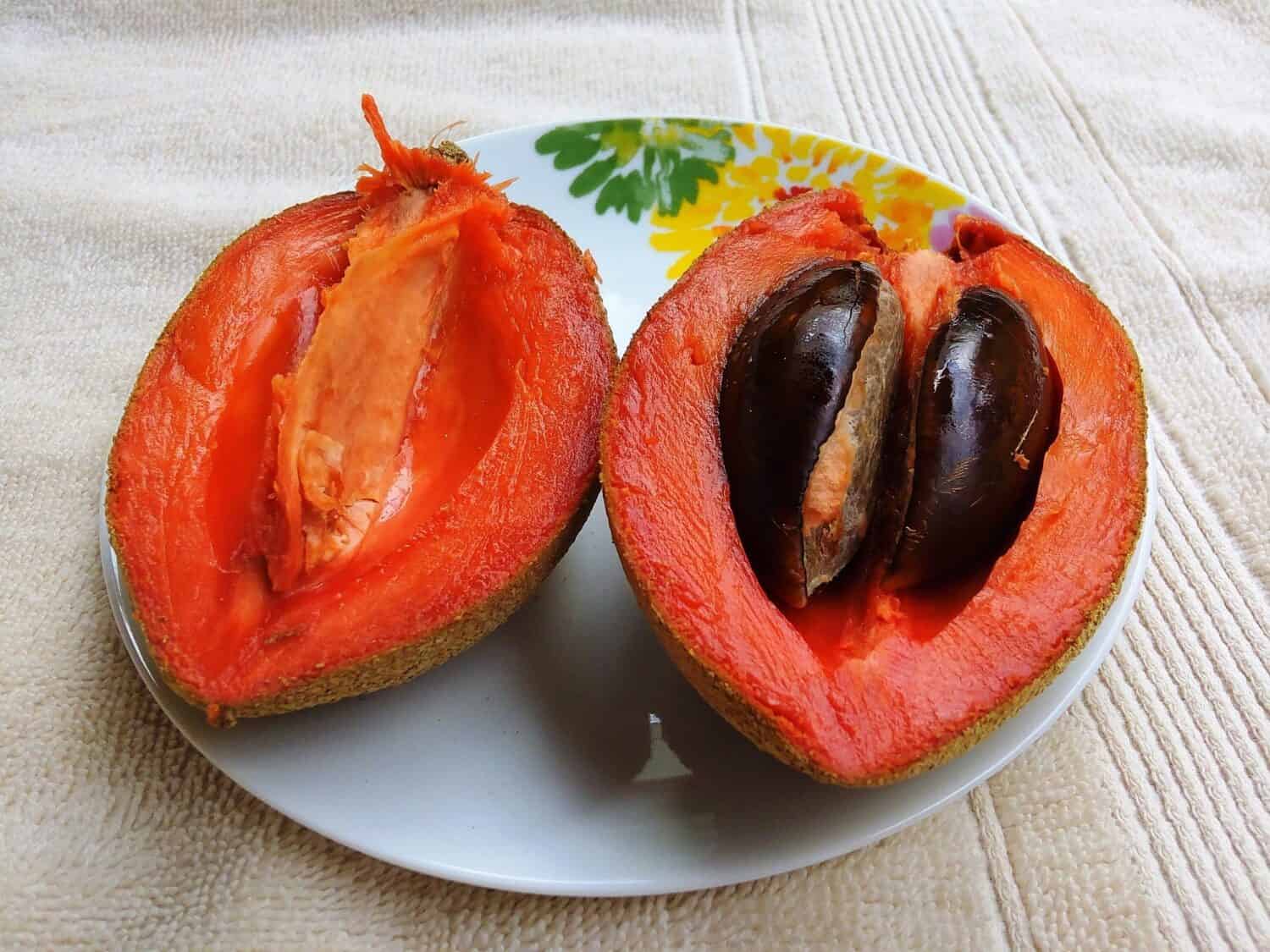 Close-up of Mexican red tropical fruit mamey sapote (also known as pouteria sapote) cut in halves 