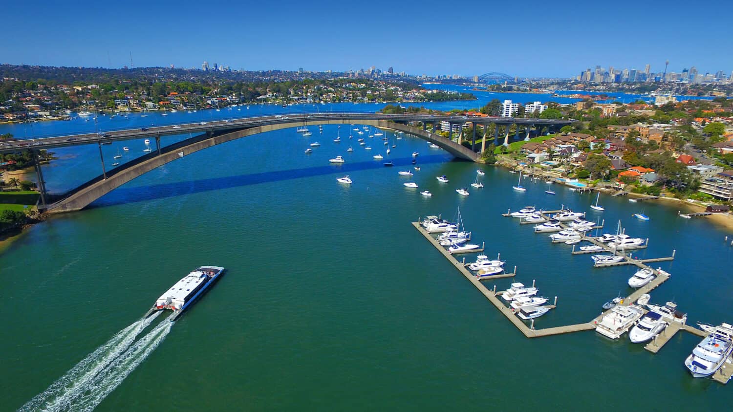 Aerial view of Gladesville bridge Sydney Harbour