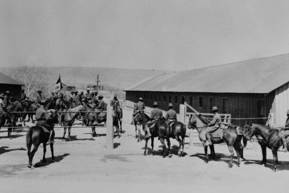 African American 'Buffalo Soldiers' at Fort Huachuca, Cavalry Stables, Sierra Vista, Arizona. 1928.