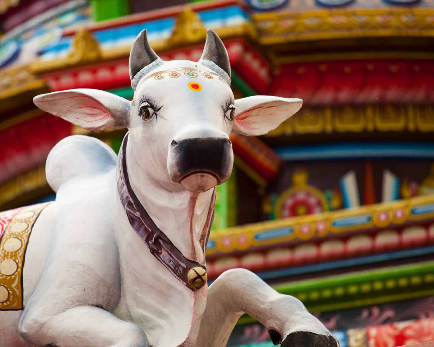 A sacred Hindu cow statue at the Sri Mariamman Temple in Chinatown, Singapore