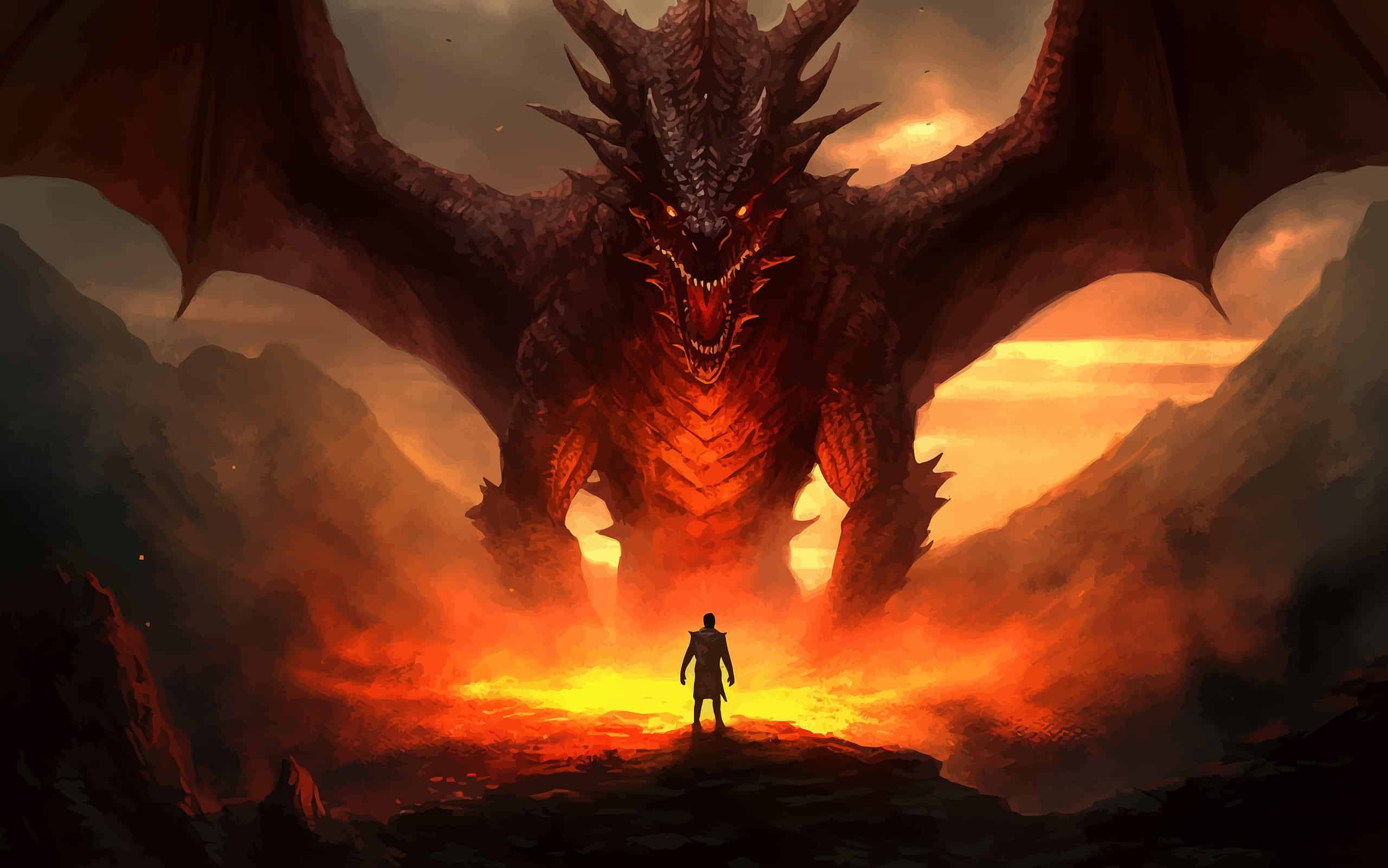 Man standing in front of a fire dragon. Fantasy scene. Wizard and huge dragon. Fantasy scene. Battle of a magician with a mythical creature. Fight against monster. 3D Digital painting.