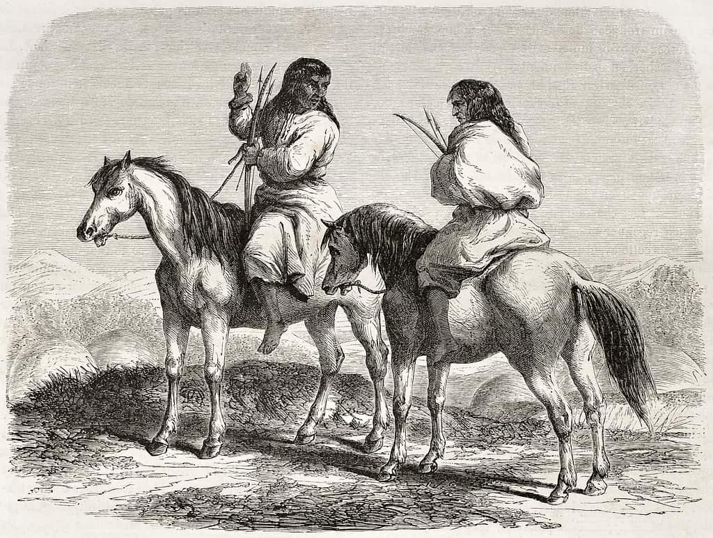 Old illustration of Comanche people horseback. Created by Duveaux after report made under the direction of the U.S. secretary of the war. Published on Le Tour du Monde, Paris, 1860