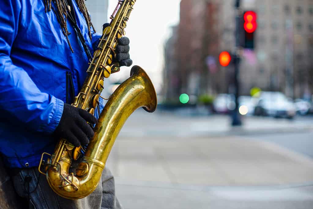 Street Saxophone Player Color Bokeh: North Carolinians love their music.