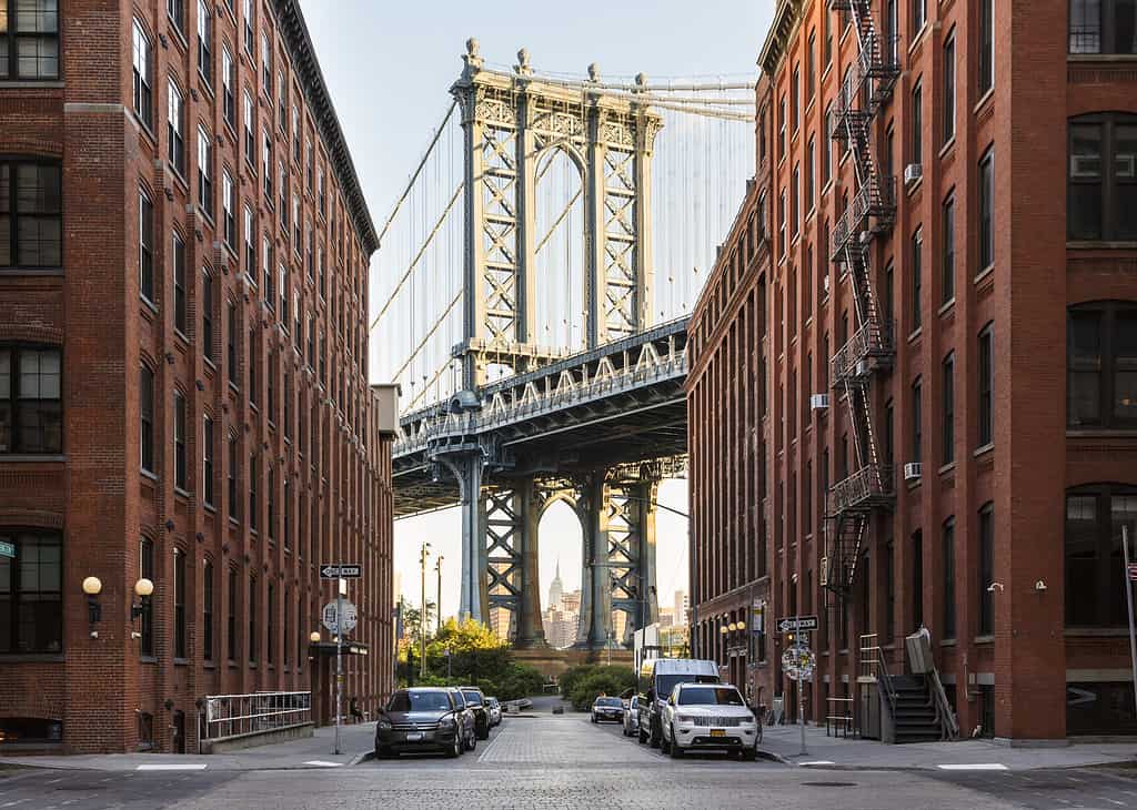 Brooklyn, NY DUMBO neighborhood street scene with Manhattan Bridge and Empire State Builiding