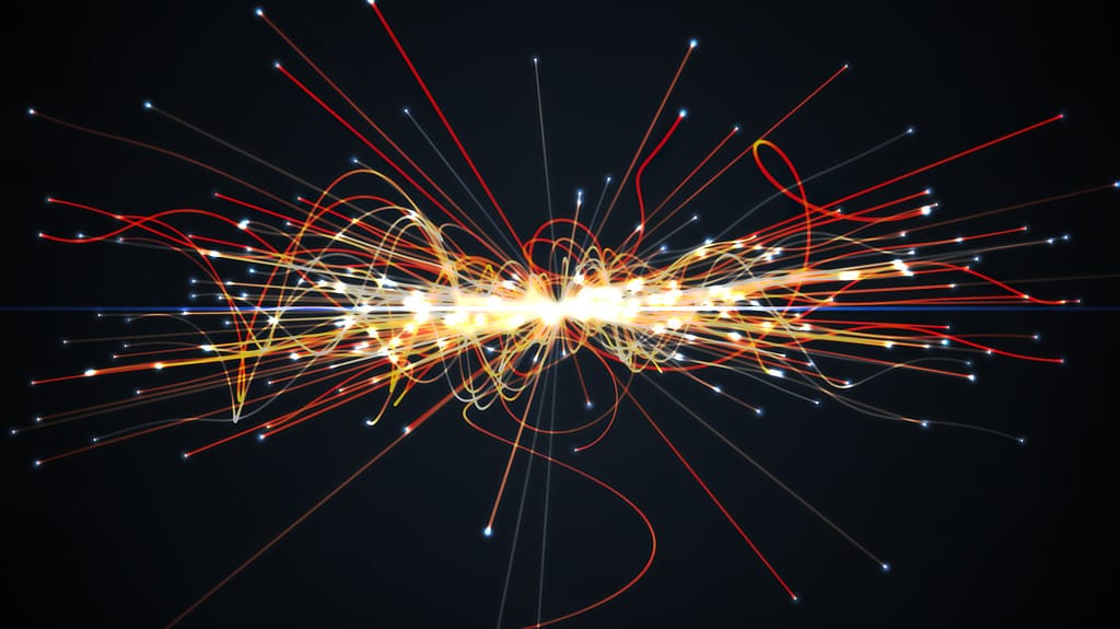 Particles collision in Hadron Collider. Astrophysics concept. 3D rendered illustration.