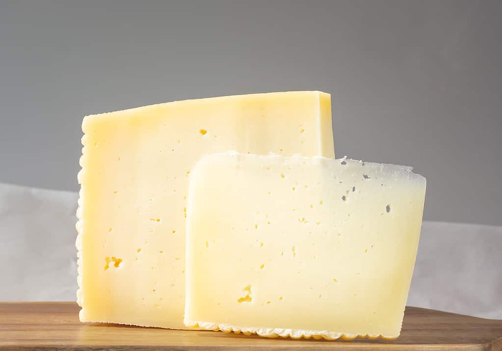 Two slices of asiago cheese on a gray background