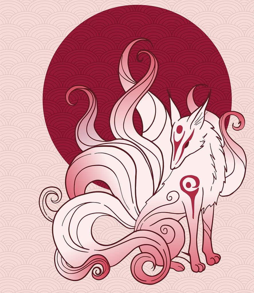 japanese fantasy creature nine tailed fox kitsune in red colours