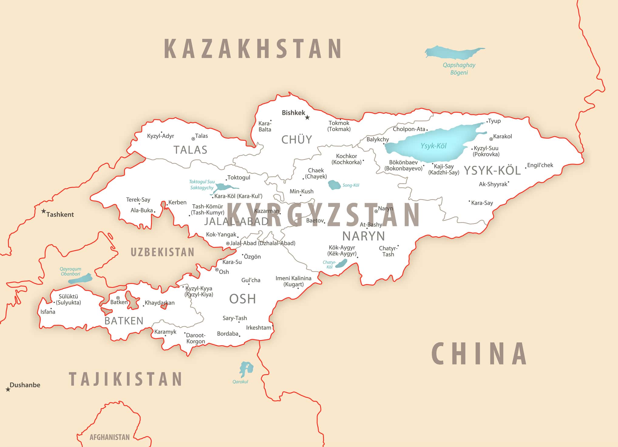 Kyrgyzstan detailed map with regions and cities of the country.