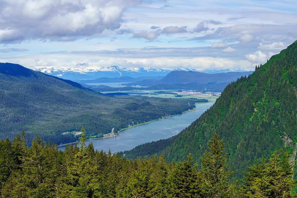 View from Mount Roberts down to airport of Juneau Alaska