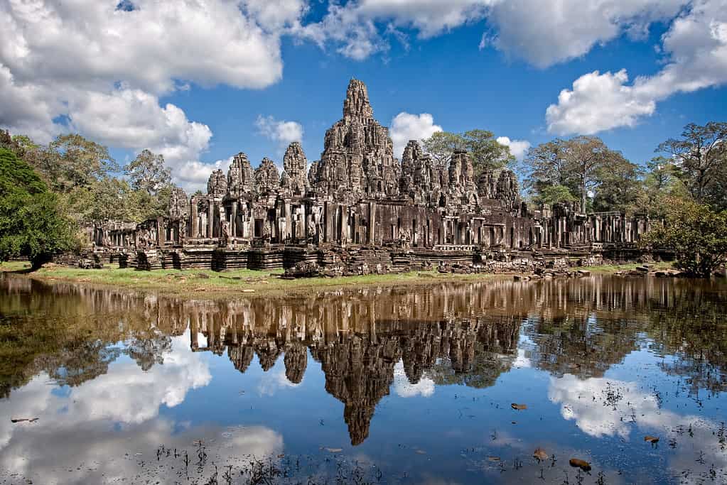 Reflections in the Angkor temple of Cambodia.
