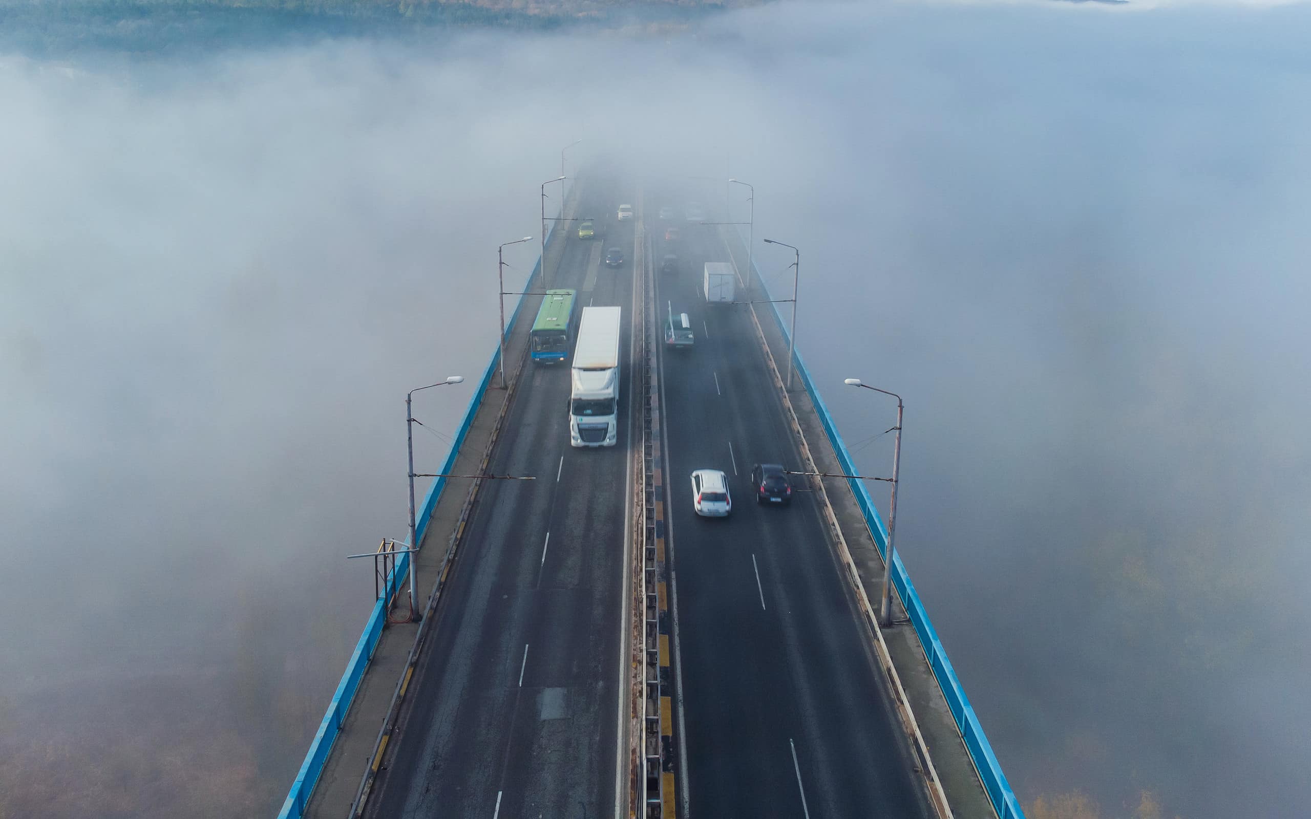 Aerial view of the Asparuhov bridge in the fog in the morning, Varna, Bulgaria