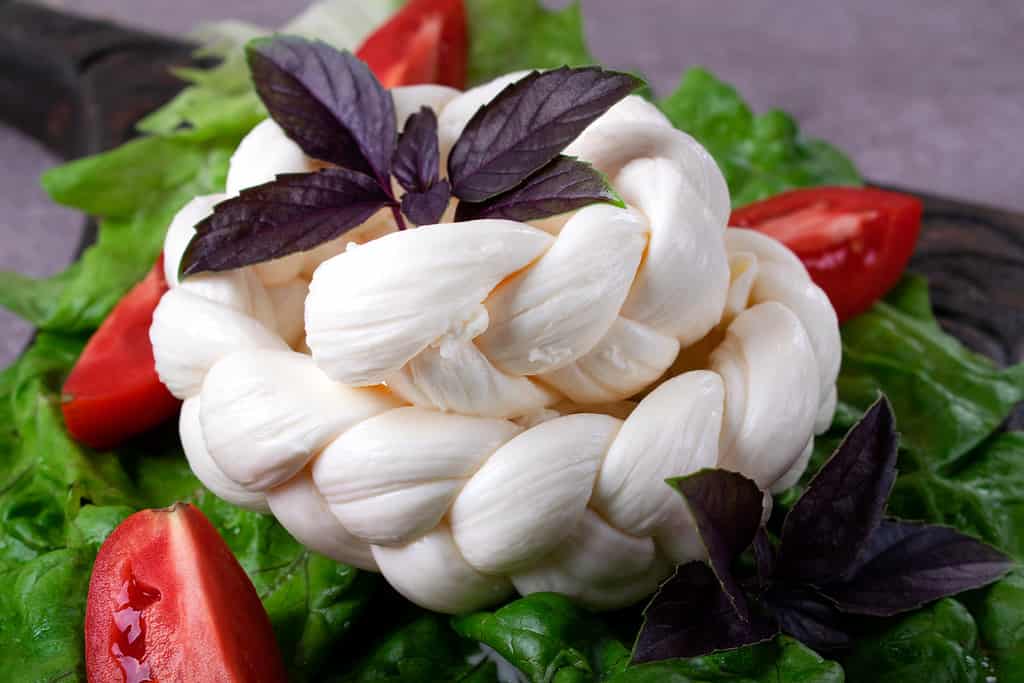Braided cheese on salad leaves