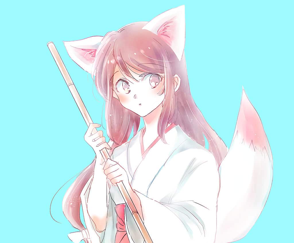Beautiful girl with fox ears holding a broom
