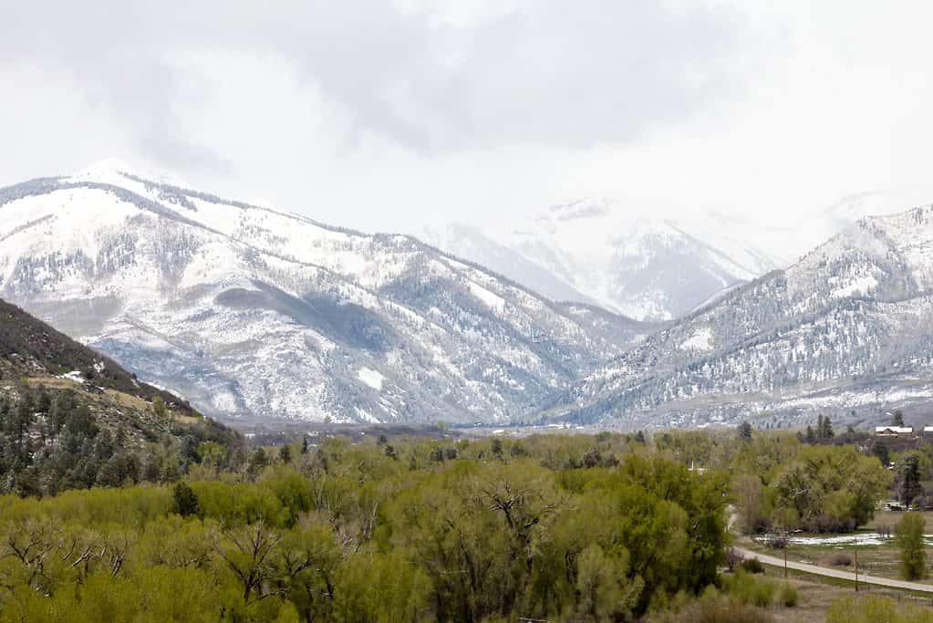 Green valley below a snow covered mountain Hesperus, Colorado