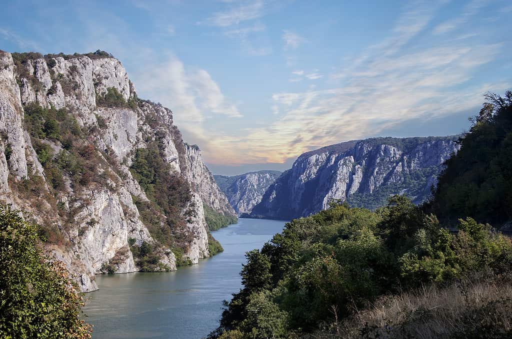 Danube river near the Serbian city of Donji Milanovac in the Iron Gates also known as Djerdap which are the Danube gorges a natural symbol of the border between Serbia and Romania.