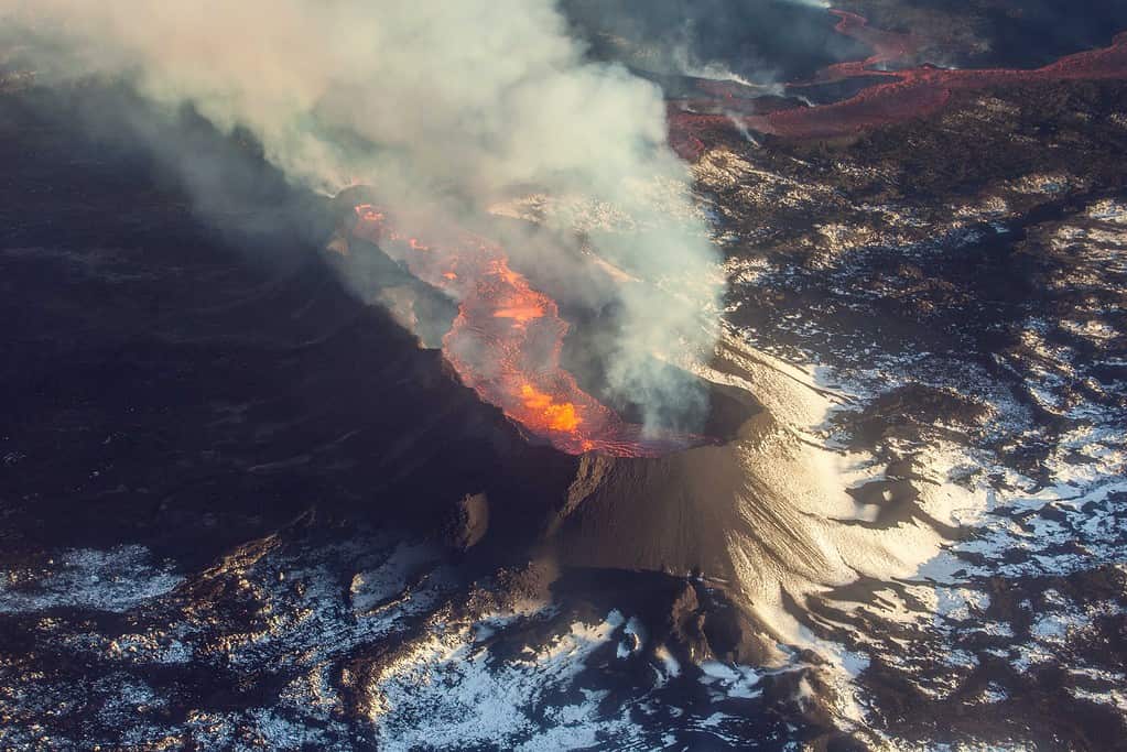 Aerial shot of an active volcano in Iceland