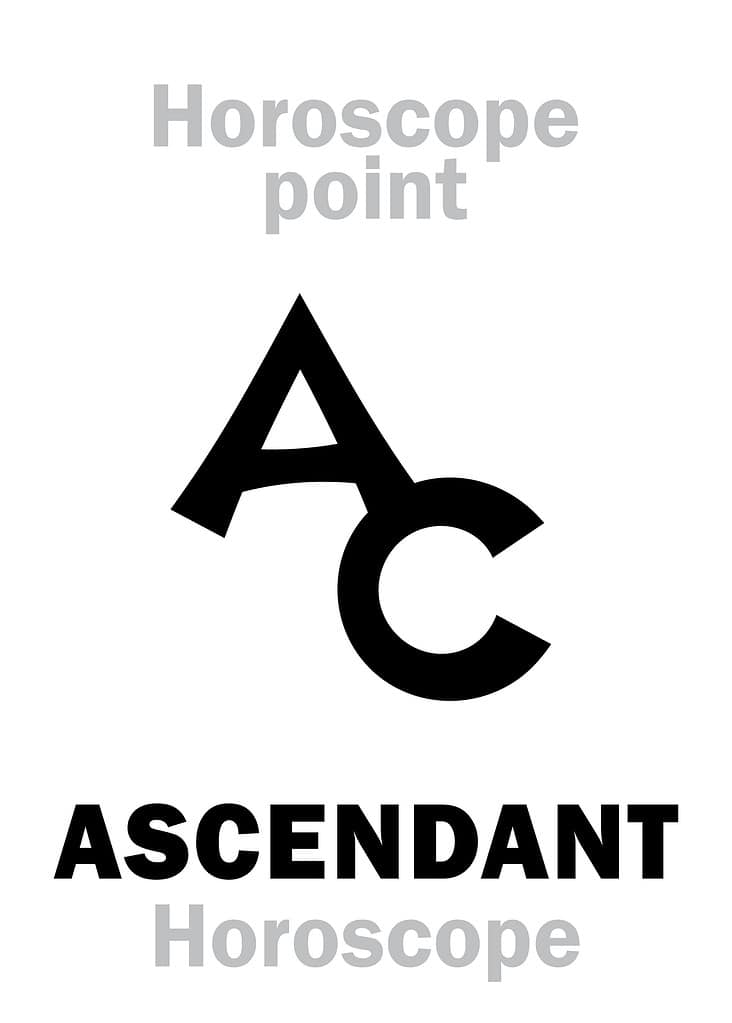 Astrology Alphabet: ASCENDANT (Horoscope / hour observer), point of Horoscope. Hieroglyphics character sign (single symbol).