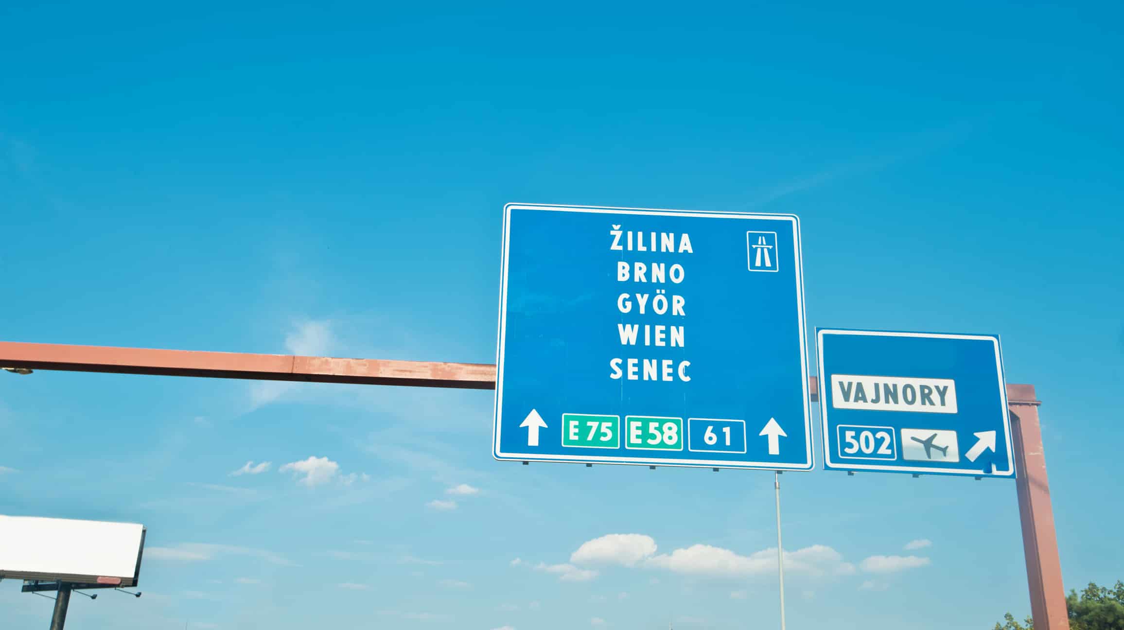Slovakia Motorway Road Sign To Gyon - Hungary, Brno - Czech Rep, Vienna - Austria, Zilina and Senec (Slovakia) And Airport