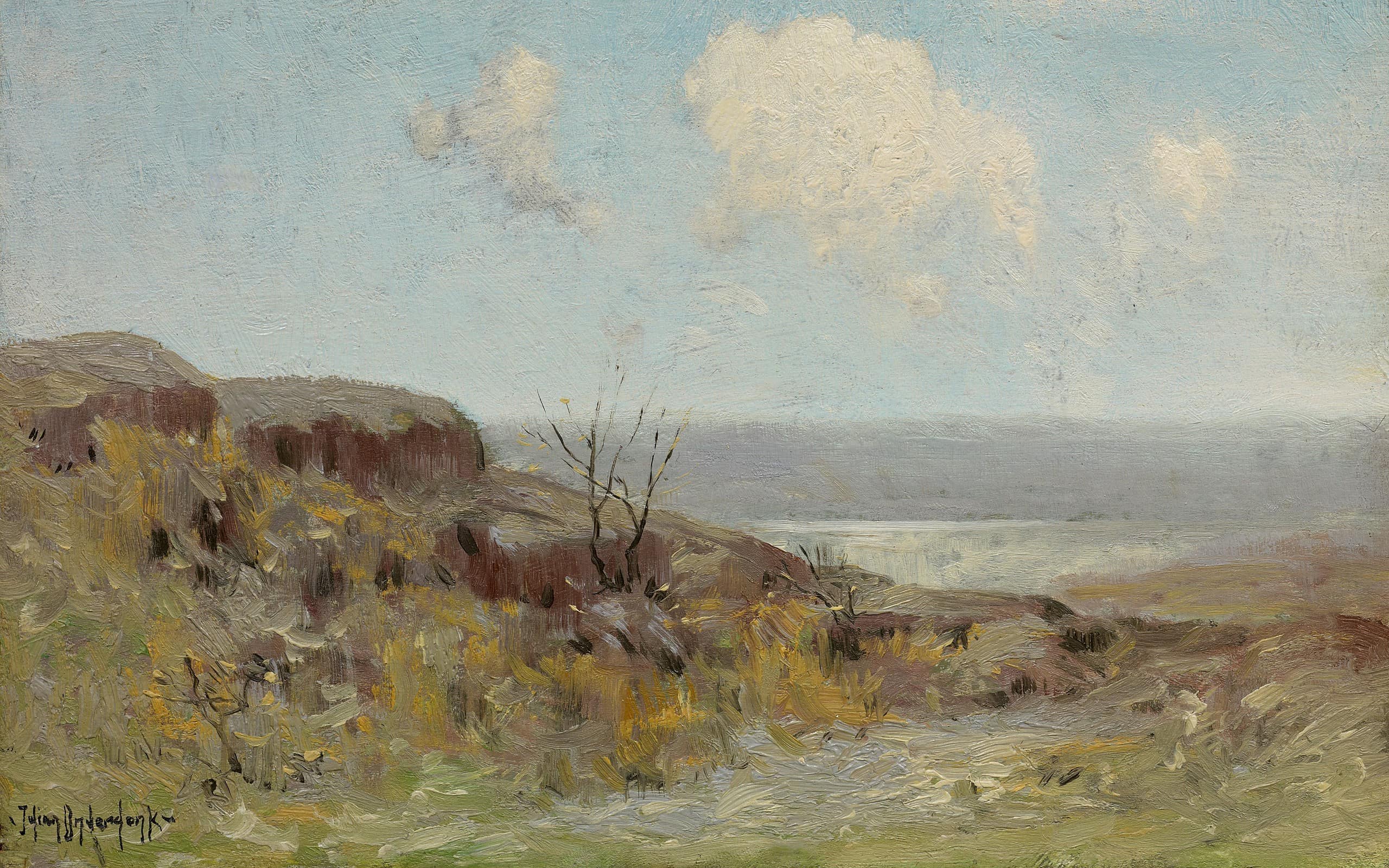 A painting of a Rocky hillside.