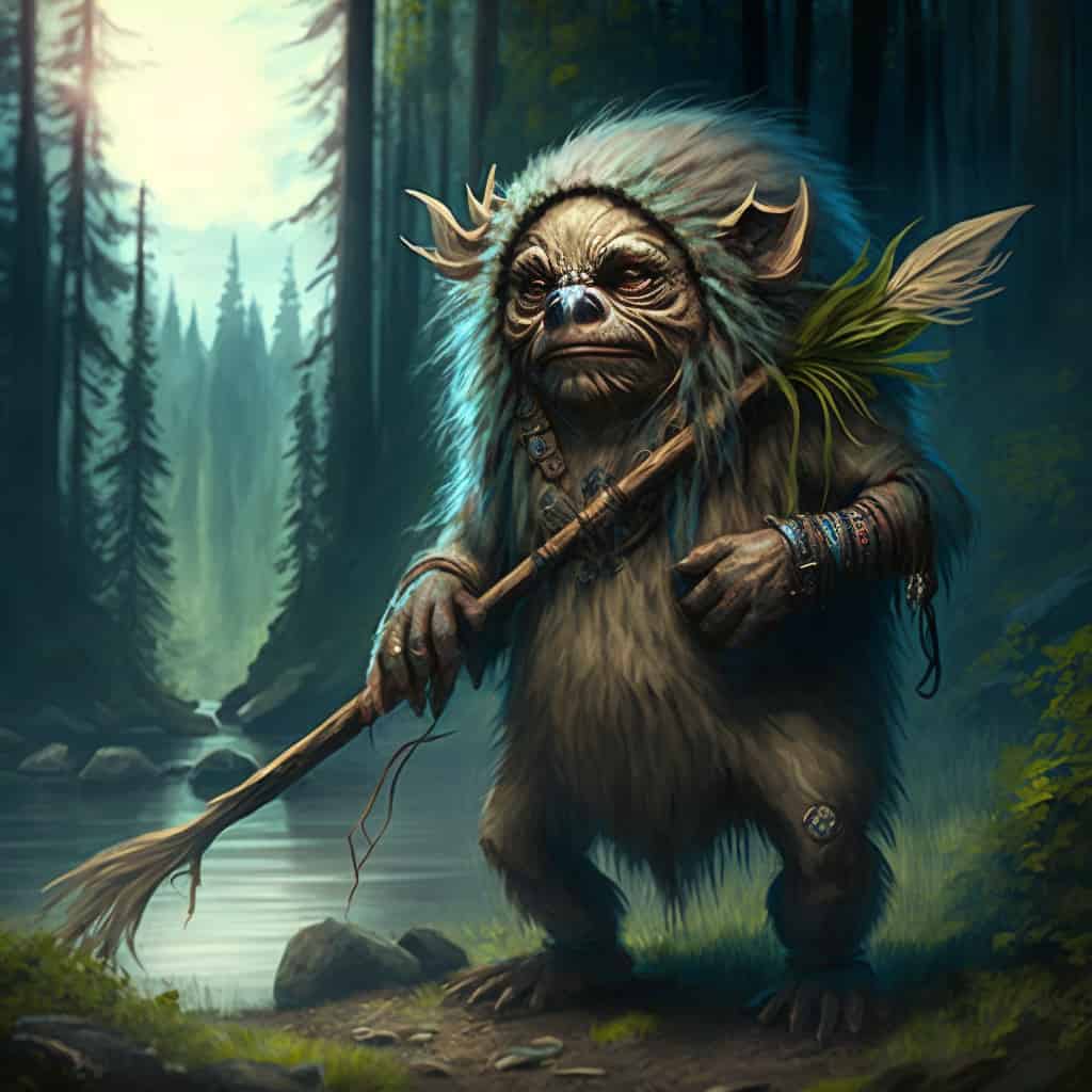 AI-generated Pukwudgie cryptid in the forest, holding a staff.