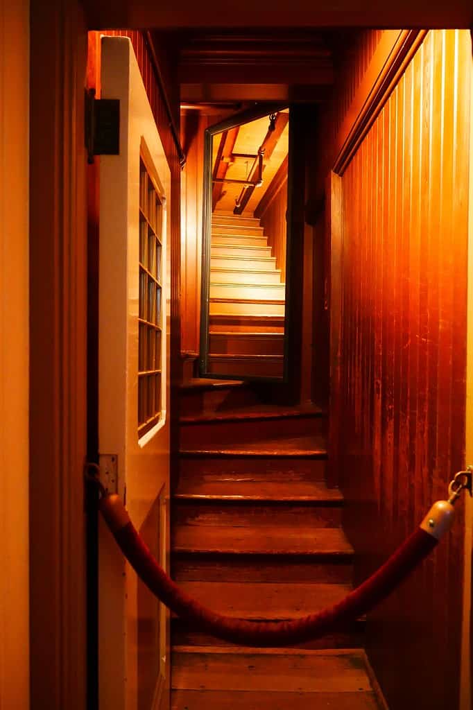 One of the many hallways inside the Winchester Mystery House in San Jose, CA.