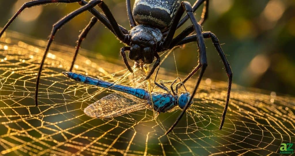 The 'unseen world' of microscopic engineering creates immediate curiosity. The high-speed motion of golden silk emerging from the spider's body acts as a visual hook, making the viewer pause to understand the mechanical nature of the wrapping process.